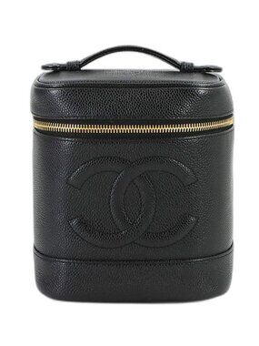 Chanel Vanity Hand Bag Caviar Leather Black CC Logo Gold